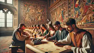 Los amigos escribiendo sus historias en la villa.