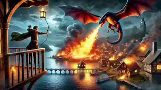 Smaug vuela hacia la Ciudad del Lago, lanzando fuego, mientras Bard el Arquero se prepara para disparar una flecha desde una torre.