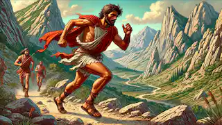 Fedípides corriendo a través de un terreno accidentado hacia Esparta, mostrando el desafiante paisaje.