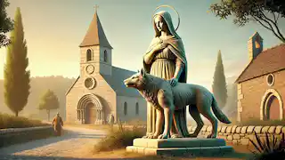Una estatua de Santa Marta y la Tarasque se erige frente a la iglesia del pueblo, iluminada por la cálida luz del sol de la tarde.