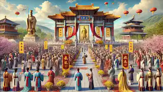 Um festival chinês contemporâneo homenageia o Imperador Amarelo com trajes tradicionais e flores em um grandioso monumento.
