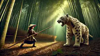 Pastora enfrentándose a un leopardo junto a un oso blanco protector en un bosque de bambú.