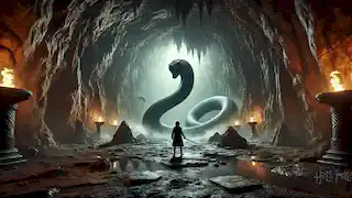 Harry se enfrenta a una gran serpiente en una caverna subterránea tenuemente iluminada, empuñando una espada.