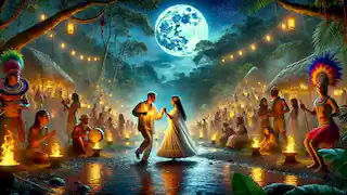 Un festival a la orilla del río por la noche, con aldeanos bailando bajo la luz de las linternas, y un misterioso hombre de blanco que danza con María.
