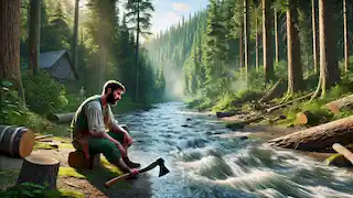 El leñador se sienta junto al río, angustiado mientras su hacha se hunde en las aguas rápidas, rodeado de un bosque frondoso.