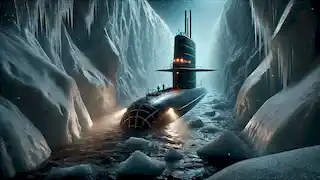 El submarino Nautilus atrapado bajo gruesas capas de hielo antártico, rodeado de oscuridad y aguas frías.