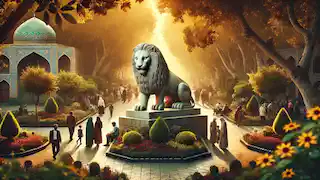 El León de Piedra de Shiraz se erige sobre su pedestal en un jardín exuberante, mientras las familias lo contemplan con reverencia.