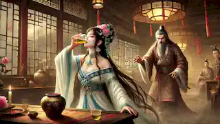 Chang'e bebe el Elixir de la Inmortalidad mientras Feng Meng la observa con rabia desde el interior de un hogar tradicional chino.
