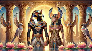 Hathor y Horus de pie juntos junto al Nilo, vestidos con vestiduras reales egipcias y rodeados de una luz dorada.
