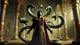 Zahhak con una armadura ornamentada y serpientes emergiendo de sus hombros, se encuentra en un majestuoso salón de un palacio persa.
