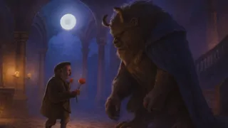 La bestia que emerge en un salón iluminado por la luna enfrenta a un comerciante asustado que sostiene una rosa roja.