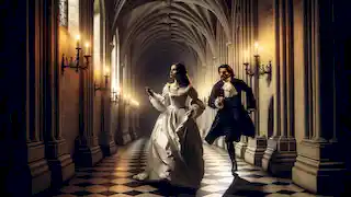 Una joven novia huye por un oscuro corredor, aferrándose a un collar mientras el marqués la persigue en un castillo tenuemente iluminado.