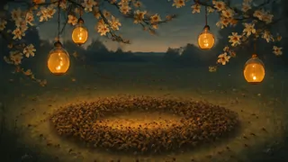 Un vasto anillo de abejas reunidas bajo la iluminación de faroles de miel.