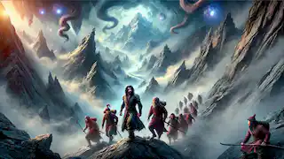 Arman y los guerreros ascienden hacia Kyzyl To, en medio de una niebla densa y luces fantasmales. El terreno rocoso es traicionero y inquietante.