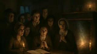 Reunión a la luz de las velas de vecinos del siglo XIX mientras una fuerza invisible altera la habitación