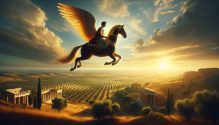 Bellerophon und Pegasus schwebend hoch über einer goldenen Landschaft während eines nachdenklichen Abstiegs.