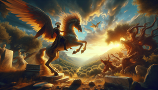 Bellerophon reitet auf Pegasus in einem entscheidenden Kampf gegen die feuerspeiende Chimäre.