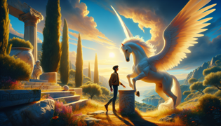 Bellerophon greift sanft nach einem majestätischen, geflügelten Pferd in einer sonnenbeschienenen Lichtung.