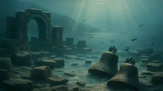 Ruinas submarinas y campanas de Cantre’r Gwaelod vislumbradas a través de aguas marinas tranquilas.