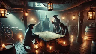 Tripulación pirata agrupada bajo la suave luz de la linterna, trenzando detalles de la rebelión alrededor de un parchado mapa del tesoro.