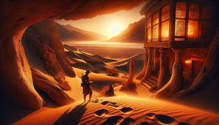 A solitary traveler exploring ancient footprints in rugged desert terrain with fading sun.