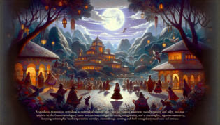 Benita in the heart of an Andean forest bathed in the silvery light of the moon, surrounded by tiny creatures and ancestral symbols.