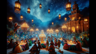A festive open space at night with dancing creatures and tables full of delicacies, illuminated by stars and chandeliers.