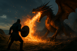 Beowulf enfrentándose a un imponente dragón entre llamas en un escenario de acantilados rocosos.
