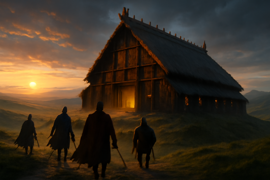Beowulf y sus guerreros de pie frente a la gran sala de madera de Heorot bajo un cielo iluminado por la luna.