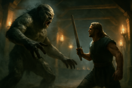 Beowulf y Grendel luchan en un feroz combate bajo la luz de las antorchas en el salón de Heorot.