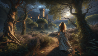 Golden-haired maiden wandering through moonlit bramble after banishment
