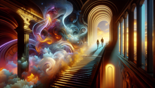 Perséfone e Hades sobem uma escadaria espiral de mármore, que vai do submundo de néon até o horizonte de Atenas iluminado pela manhã.