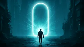 Una silueta entrando en un portal cegador de energía blanca pura.