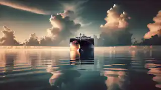 Die USS Cyclops, ein riesiges Frachtschiff, segelt gemächlich unter einem klaren Himmel, während sich am Horizont dunkle Wolken zusammenbrauen.