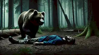 Sam yace inmóvil en el suelo del bosque mientras un oso le olfatea, creando un momento intenso y lleno de suspense.