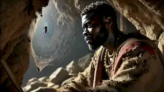 Un herido rey Osei Tutu observa a una araña tejer su red en una cueva débilmente iluminada, sumido en profundas reflexiones.
