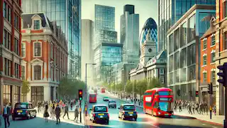 Une rue animée à Londres avec des gratte-ciel modernes.