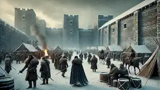 Le cour de Winterfell en hiver, les soldats du Nord se préparent pour une bataille imminente, avec la neige recouvrant le sol.