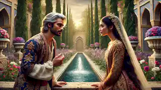 Zal y Rudabeh se encuentran por primera vez en un jardín persa, de pie cerca de una fuente que fluye al atardecer.