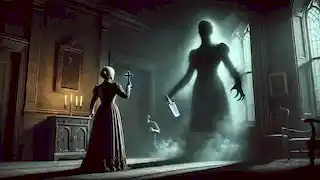 La señora Skegg sostiene una cruz y agua bendita en una habitación oscura mientras se enfrenta a la sombra que crece en la esquina.