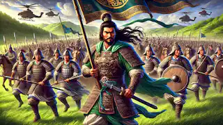 Sun Jian dirige a sus tropas en batalla, ondeando el estandarte de su familia.