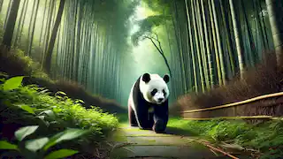 Panda gigante patrullando un tranquilo bosque de bambú, encarnando su papel como guardián.
