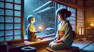 Aiko sentada junto a una ventana en invierno, recibiendo una figura de madera del resplandeciente Zashiki-warashi.