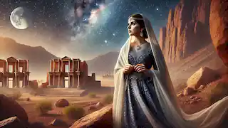 Parvin se encuentra en el desierto persa, contemplando las estrellas desde un afloramiento rocoso, con ruinas antiguas de fondo.
