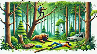 Deux voyageurs se trouvent dans une forêt. L'un grimpe à un arbre pour échapper à un ours, tandis que l'autre fait semblant d'être mort.