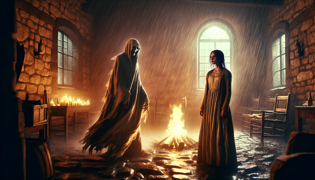 Una figura fantasmal del siglo XIX, vestida con ropas desgastadas, se enfrenta a una mujer decidida junto a un fuego parpadeante en medio de una tormenta.