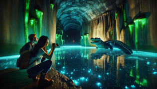 Un lago subterráneo brillante con un enorme caimán emergiendo del agua.
