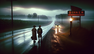 Carretera resbaladiza por la lluvia que se extiende hacia la oscuridad después de que los niños desaparecen.