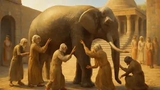 Descripción detallada de unos hombres ciegos tocando diferentes partes de un elefante: el costado, el colmillo, la trompa, la pata, el vientre y la cola.