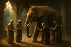 Hombres ciegos formando un círculo alrededor de un elefante, cada uno tocando una parte diferente a medida que se mueven.